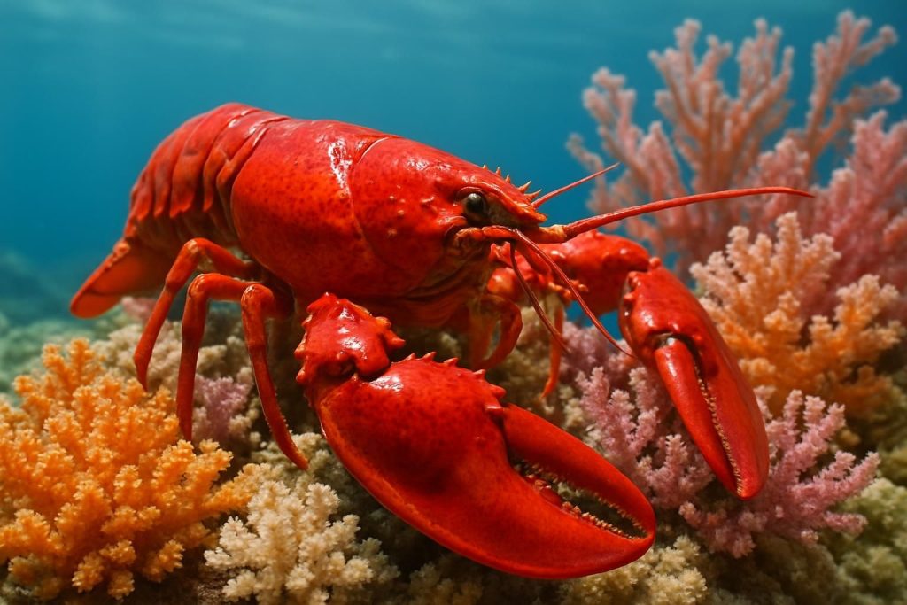découvrez la beauté marine avec ce homard accompagnée de corail, une harmonie parfaite entre mer et élégance.